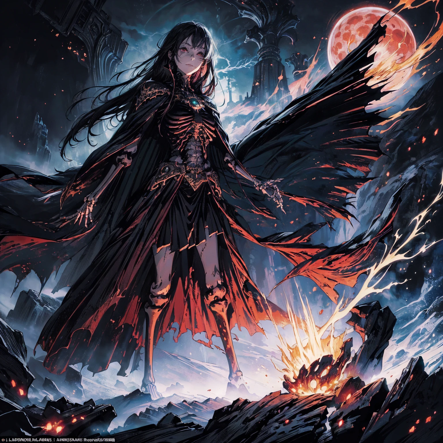 (full body shot:1.5), (Wide-angle lens:1.2), (black hair:1.5), best quality, 4K, high resolution, (masterpiece:1.2), Very detailed, (current:1.37), (Anatomically correct:1.2), Mood lighting, Undead girl in a long cloak, (Torso and limb is skeleton bone but head is still beautiful human face:1.2), Wearing a tattered gothic skirt, A sense of alienation, Dangerous sneer, Smiling and crying, Dark Force (StarWar), Force lightning radiates from fingertips, Facing the camera, Pitch black sky, Blood red moon, strange atmosphere, Gothic style, Unforgettable beauty, Dramatic shadows, Ethereal Light, Mysterious atmosphere, Resurrection from the grave, The Black Magic, Dead, Anime characters with black hair, Detailed cover design, Anime epic artwork, detailed key anime art, Be focused, dark fantasy artwork, Anime Fantasy Artwork, Official artwork with high detail, Dark Witch Panorama, Lich Vecna (d&d)