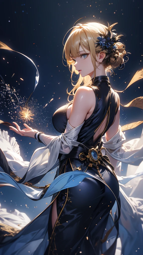 masterpiece, high quality, 4K, Beautiful design, silhouette，blonde， 非常に詳細な夜のStarry Sky,Cold ice world， wonderful, Finer details,  Very knowledgeable woman, Highly detailed solo, 1 female,Big Breasts，Butt Emphasis，High-neck dress，Sleeveless，Night view，Starry Sky，full moon，firework，