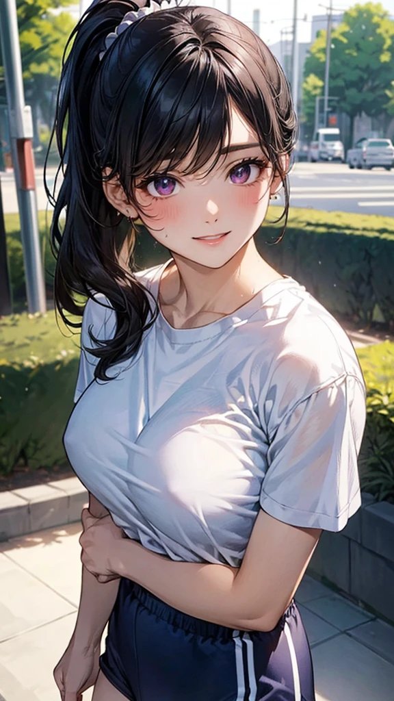 (masterpiece:1.2, top-quality), (realistic, photorealistic:1.4), beautiful illustration, (natural side lighting, movie lighting), depth of fields, (photograph), 
beautiful detailed hair, beautiful detailed face, beautiful detailed eyes, beautiful clavicle, beautiful body, beautiful chest, beautiful thigh, beautiful legs, beautiful fingers, 
looking at viewer, 1 girl, , (perfect anatomy, anatomically correct, super detailed skin), perfect face, parfect eyes, cute and symmetrical face, babyface, 
(middle hair, ponytail, sideburns:2.0, black hair), bangs, purple eyes, slant eyes, big eyes, long eye lasher, (large breasts, seductive thighs), slender, white skin, shiny skin, 
(short sleeve white t-shirt, navy short pants, gym clothes), sweaty, 
(beautiful scenery), evening, (park:1.2,), hands on chest, (lovery smile, upper eyes, parted lips), 
