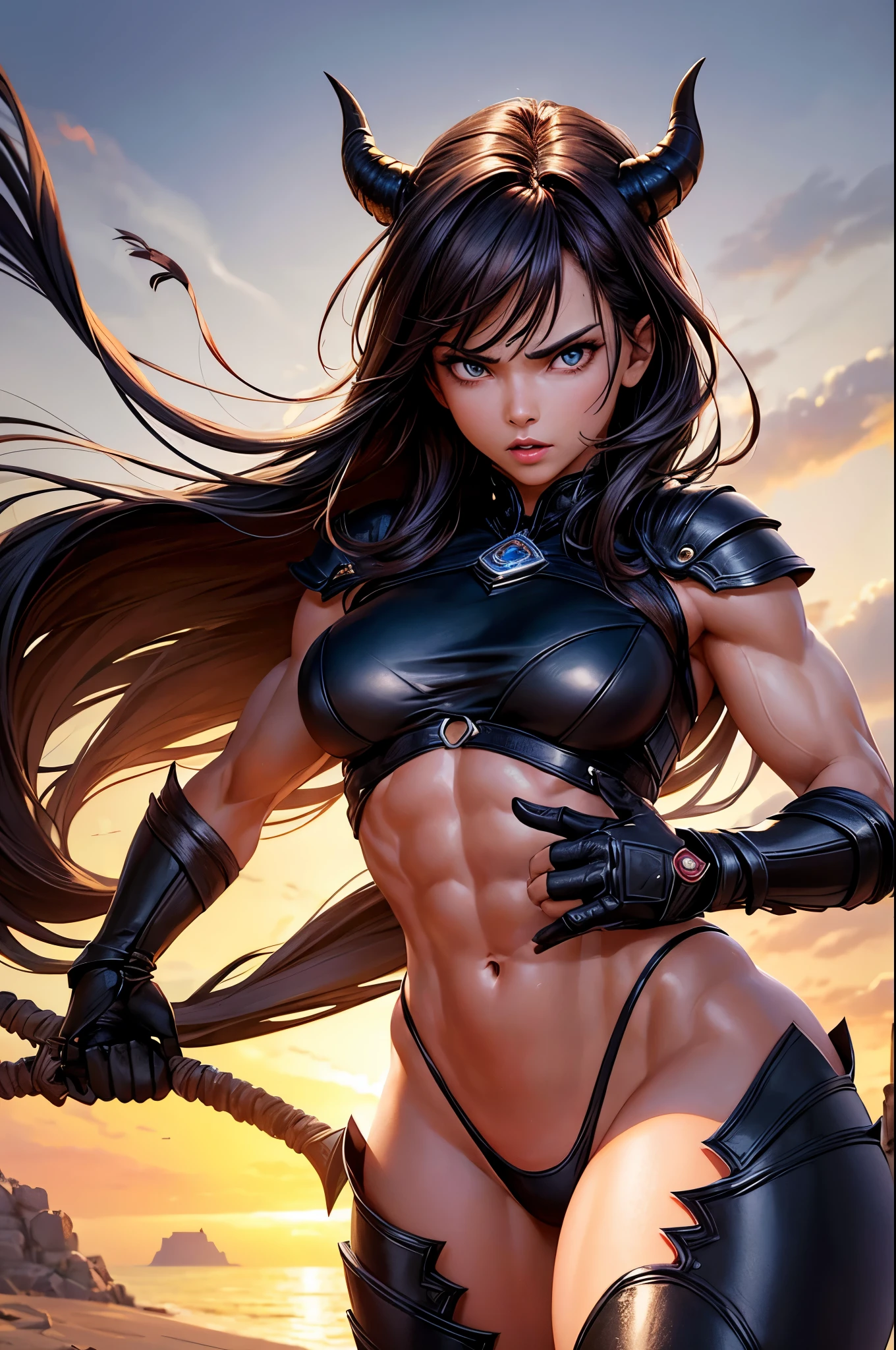 8k,Brown-haired ethnic female demon slayer,Super Beauty(Like the real thing),Sexy Demon Slayer Costumes,Toned Up, Muscular body,Perfect Anatomy,charm,Volume measurement,Body balance,Digital single-lens reflex camera, Soft lighting, Detailed Background, Written boundary depth, Volumetric lighting, Sharp focus,  Realistic proportions, Excellent anatomy, (Realistic, 超Realistic:1.4),  dawn,Ultra-high resolution,super beautiful expression,Fantasy art,Character Art,Wind effects:1.9、Cloud Effect:1.2、Full Rendering、Professional quality high resolution、Perfect contrast、Perfect lighting、Perfect composition、Perfect Fingers、Perfect breasts、Perfect Hair、Perfect Face、Realistic facial features,Highest quality,Slim figure,Perfect body line,Perfect hand shape,Anatomical Body Balance,Highly detailed face,Highly detailed eyes,Beautiful Lips,Excellent light particles,Cinema Lighting,compensate,Ultra-Realistic Skin,Muscle Body,Hard and strong abdominal muscles,Combat trousers,Battle Costume,Angry expression,Ready for battle,Releases energy,Black leather coat,Muscular Beauty,Dynamic fighting pose,Uplifting,