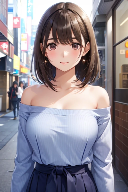 anegasaki nene、Shiny brown hair, short hair, (Beautiful brown eyes、Sparkling eyes, Fine grain)、smile、Super detailedな目、Highly detailed face, Highly detailed eyes,
Ultra-high resolution, Superior Quality, Highest quality, Super detailed, Realistic, 8k, RAW Photos, Highest quality, masterpiece, Attractive girl, A wonderful girl,
, Shoulder-length layered, Asymmetrical bangs, Japanese Idols, Sophisticated, stylish, Off-the-shoulder tops, Shibuya Ward,