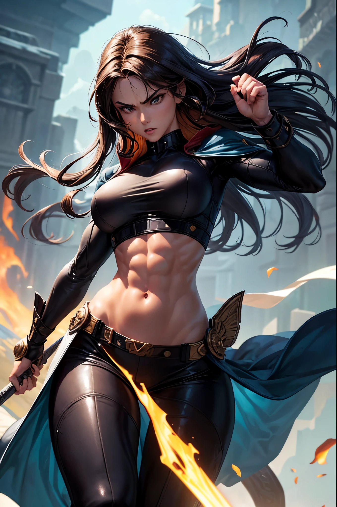 8k,Brown-haired ethnic female demon slayer,Super Beauty(Like the real thing),Sexy Demon Slayer Costumes,Toned Up, Muscular body,Perfect Anatomy,charm,Volume measurement,Body balance,Digital single-lens reflex camera, Soft lighting, Detailed Background, Written boundary depth, Volumetric lighting, Sharp focus,  Realistic proportions, Excellent anatomy, (Realistic, 超Realistic:1.4),  dawn,Ultra-high resolution,super beautiful expression,Fantasy art,Character Art,Wind effects:1.9、Cloud Effect:1.2、Full Rendering、Professional quality high resolution、Perfect contrast、Perfect lighting、Perfect composition、Perfect Fingers、Perfect breasts、Perfect Hair、Perfect Face、Realistic facial features,Highest quality,Slim figure,Perfect body line,Perfect hand shape,Anatomical Body Balance,Highly detailed face,Highly detailed eyes,Beautiful Lips,Excellent light particles,Cinema Lighting,compensate,Ultra-Realistic Skin,Muscle Body,Hard and strong abdominal muscles,Combat trousers,Battle Costume,Angry expression,Ready for battle,Releases energy,Black leather coat,Muscular Beauty,Dynamic fighting pose,Uplifting,