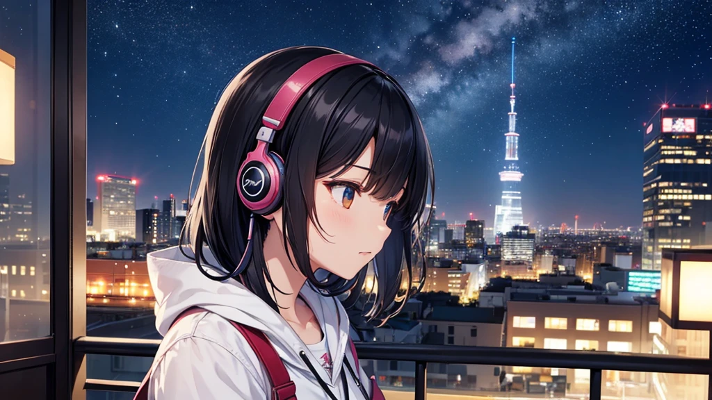 A place where you can see Tennoji Zoo。A young girl with black hair wearing stylish clothes and headphones labeled "lo-fi" The girl is shown in profile, gazing into the distance with a calm, relaxed expression Background depicts the iconic scenery of Namba, Osaka at night, without any text on signs A starry night sky adding to the peaceful atmosphere Overall mood is quiet and serene, perfect for lo-fi music Detailed hair rendering and careful attention to the girl's fashionable outfit The entire scene should evoke a relaxing, introspective feeling associated with lo-fi music