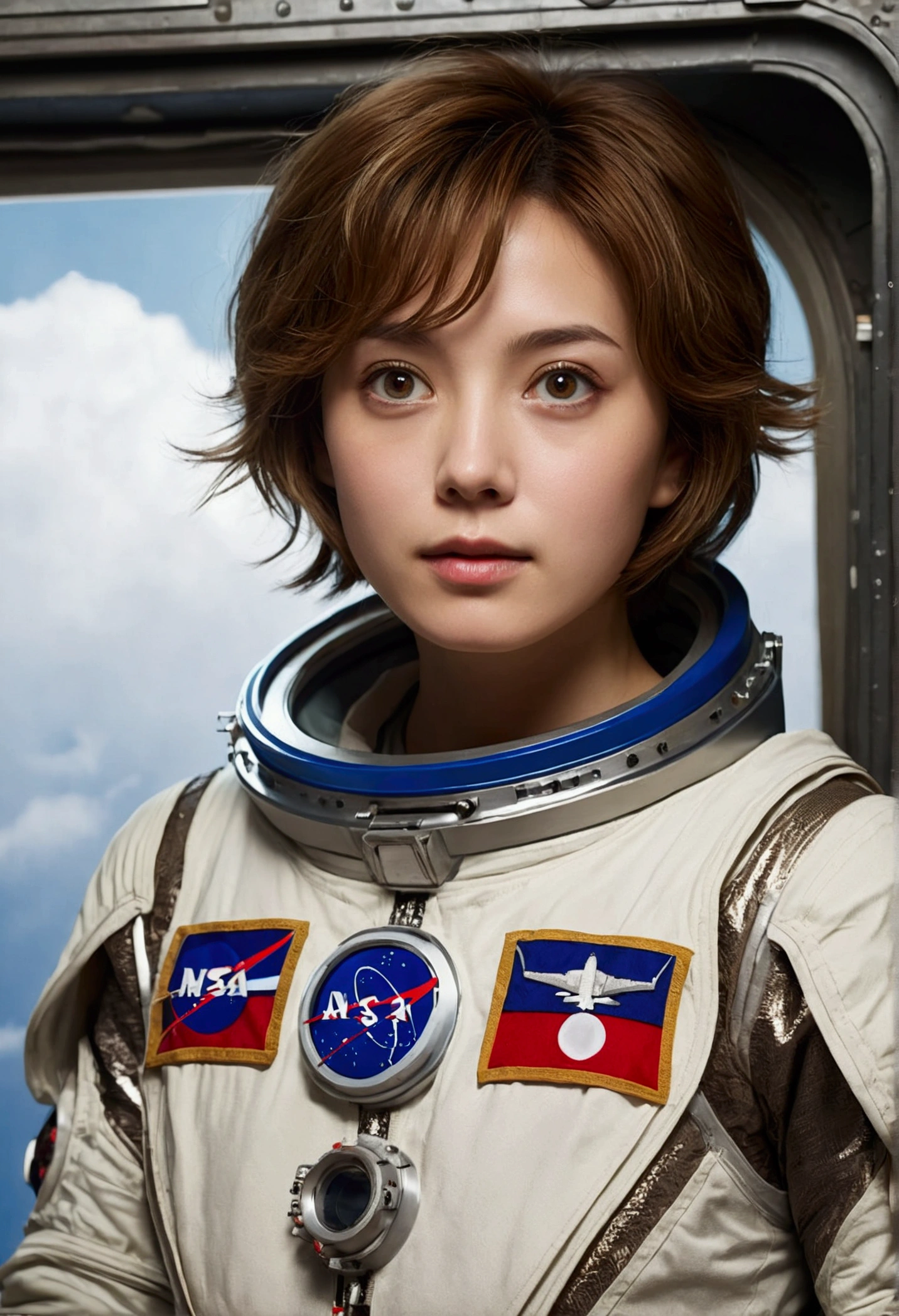 Ultra-high resolution、(Genuine:1.4)、One beautiful woman、Beautifully detailed eyes and skin、Light brown short hair、Full Space Suit、Space Station、Spaceship、What's left behind、cloudy、SF taste、Movie quality、dramatic、dramaticな構成、