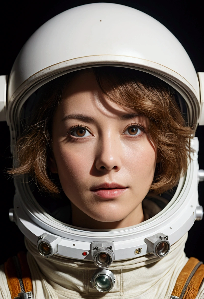 Ultra-high resolution、(Genuine:1.4)、One beautiful woman、Beautifully detailed eyes and skin、Light brown short hair、Full Space Suit、Space Station、Spaceship、What&#39;s left behind、cloudy、SF taste、Movie quality、dramatic、dramaticな構成、