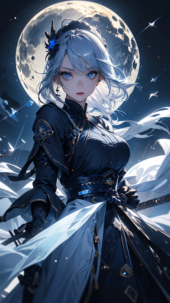 masterpiece, high quality, 4K, Beautiful design, silhouette,Gray Hair, 非常に詳細な夜のStarry Sky,Ice World, wonderful, Finer details, Very knowledgeable woman, Highly detailed solo, 1 female,blue eyes,Big Breasts,Gothic ta Fashion,Night view,Starry Sky,Blue Full Moon,