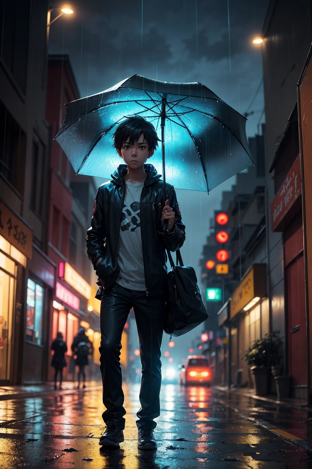 A young boy holding an umbrella on a rainy day, neon rainy cyberpunk setting, at night during rain, raining portrait, it is raining, it is night and raining, it is raining heavily, next gen, neon rain, holding umbrella, raining award winning photo, hero pose colorful city lighting, in a rainy environment, dark glowing rain, single person with umbrella, anime style, makoto shinkai art style, 