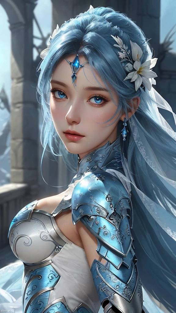 a close up of a woman in a silver and blue dress, chengwei pan on artstation, by Yang J, detailed fantasy art, stunning character art, fanart best artstation, epic exquisite character art, beautiful armor, extremely detailed artgerm, detailed digital anime art, artgerm on artstation pixiv, armor girl