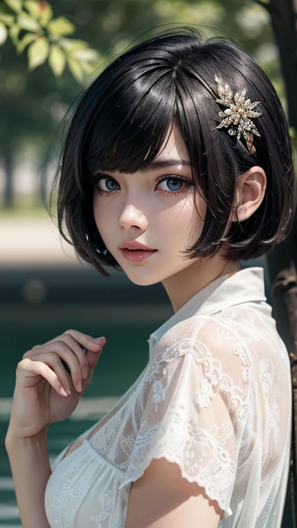 (UHD, Retina, masterpiece, precise, Anatomically_correct, Textured_skin, excellent_detail, High target_details, High target_quality, the best_quality, High target_The reservoir, 1080P, HD, 4K, 8K, 16K), (beautiful_detailed_Eyes, beautiful_detailed_Lips, extremely_detailed_Eyes_and_Face), (Soft_light:1.5), Physically based_Rendering, vivid_color, (Large target_breast:1.5,big nipples), (shining_hair, shining_skin, Tanning_skin, Face红), (Bangs:1.5), Eye_reflection, (Bokeh), (微lol_and_lol, Bob_cut, hair辮, White_see through dress), Upper body photo, hair accessories。