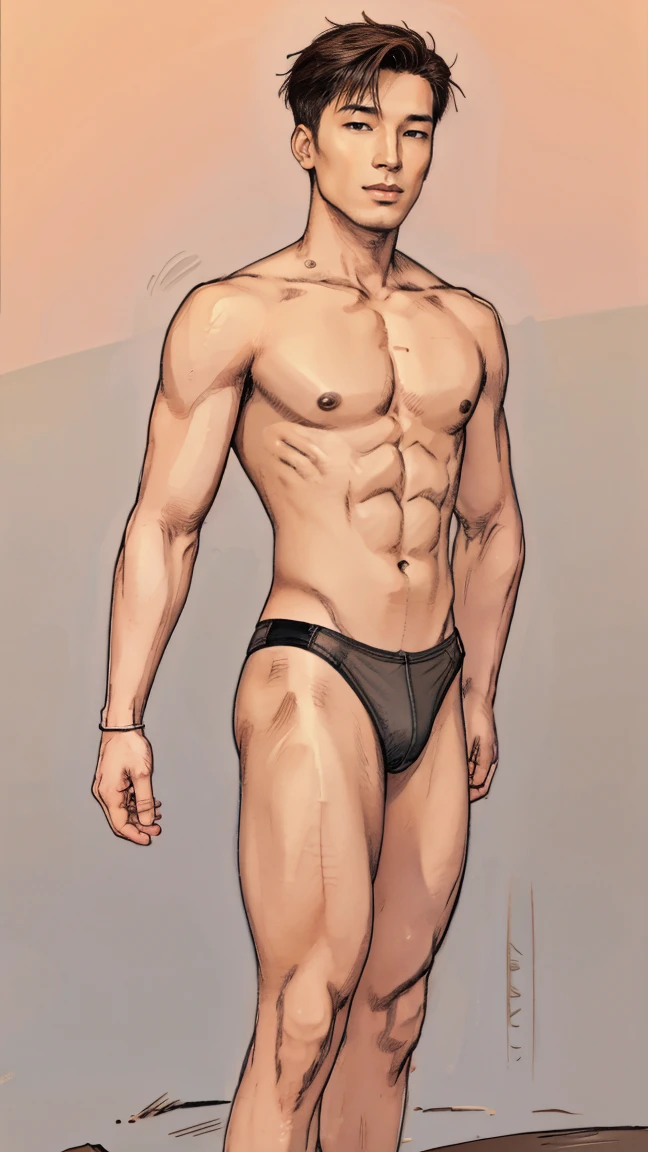 Masculine Asian Men Male, Masculine Men, dark ash brown cool tone, nude, mesh micro thong bikini, ash grey dark hair, buzz cut hairstyle, pink skin color undertone skin, he showing off his body, full body portrait from head to feet show off, full body portait head to feet, comic artstyle 2D.