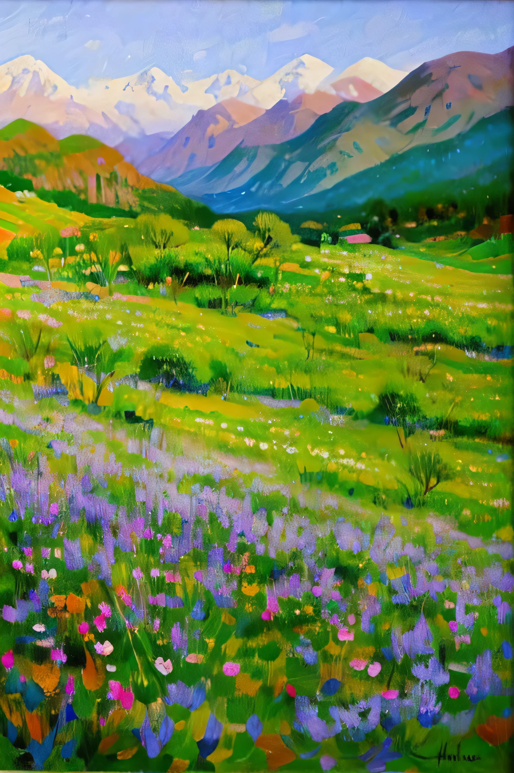 an oil painting of a landscape of celtic blue sky and a valley of flowers by Henri Matisse