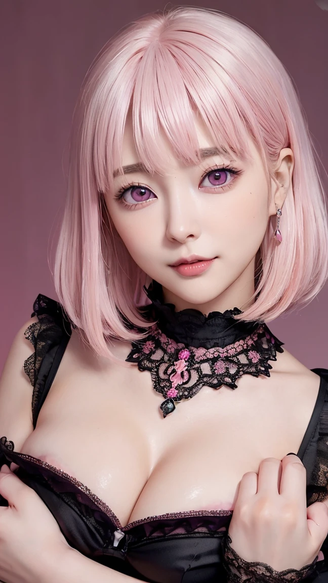 (4K quality:1.3),(Highest quality:1.3),(19 years old:1.3),(Large Breasts:1.6),Overdeveloped breasts:1.6,Big Breasts:1.6,世界一Large Breasts,Extra large chest:1.3,One of the largest breasts in the world,Saggy breasts,rich,Upper Body,smile,Japanese Voice Actors,Overflowing breasts,(jewelry),Captivate a man,Cleavage,(Con Cafe:1.5),(Celebrities:1.4),(thin:1.2),(Tight waist:1.4,(Night viewの良いホテル:1.1),(luxury:1.2),(Arisa Hanyu:1.5),(anorexia:1.4),(Night view:1.3),(Close up on face:1.2),Catchlight,(Child face:1.6),(smile:1.1),(Lori:1.5),(Pink gradient hair:1.6),(Short Hair),(Deep pink eyes:1.4),(2D cuteness:1.5),(Cute Makeup),Beautiful fingertips,Black lace collar,(Plastic Beauty:1.3)