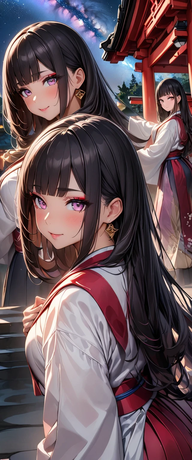 (Perfect Anatomy)、Mastepiece、Ultra High Quality、 8k、masterpiece、Highest quality、Ultra-high resolution、Maximum resolution、Very detailed、Professional Lighting、anime、woman、thin、Very beautiful face、Very beautiful eyes、(Highly detailed eye)、Highly detailed face, Golden earrings、Black Hair,、Pink eyes, Braiding、Straight bangs, contouring, makeup, eyeliner, eye shadow, pink cheek, pink lips, full body, standing, japanese mythology,