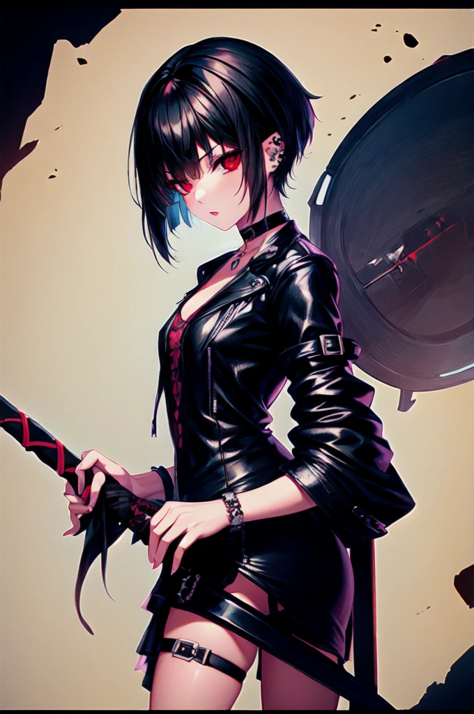 a girl wielding a sword, dressed in edgy attire with a piercing and a choker. The central image portrays her as a digital character in a dark, punk-inspired outfit with a skull design, holding a weapon and looking fierce. The background includes thematic elements of a dungeon, enhancing the dark aesthetic. At the bottom, a caption reads Overlooked Game Girls.Black eyes,thin eyebrows,solo,short black shiny hair with bang covering one eye,