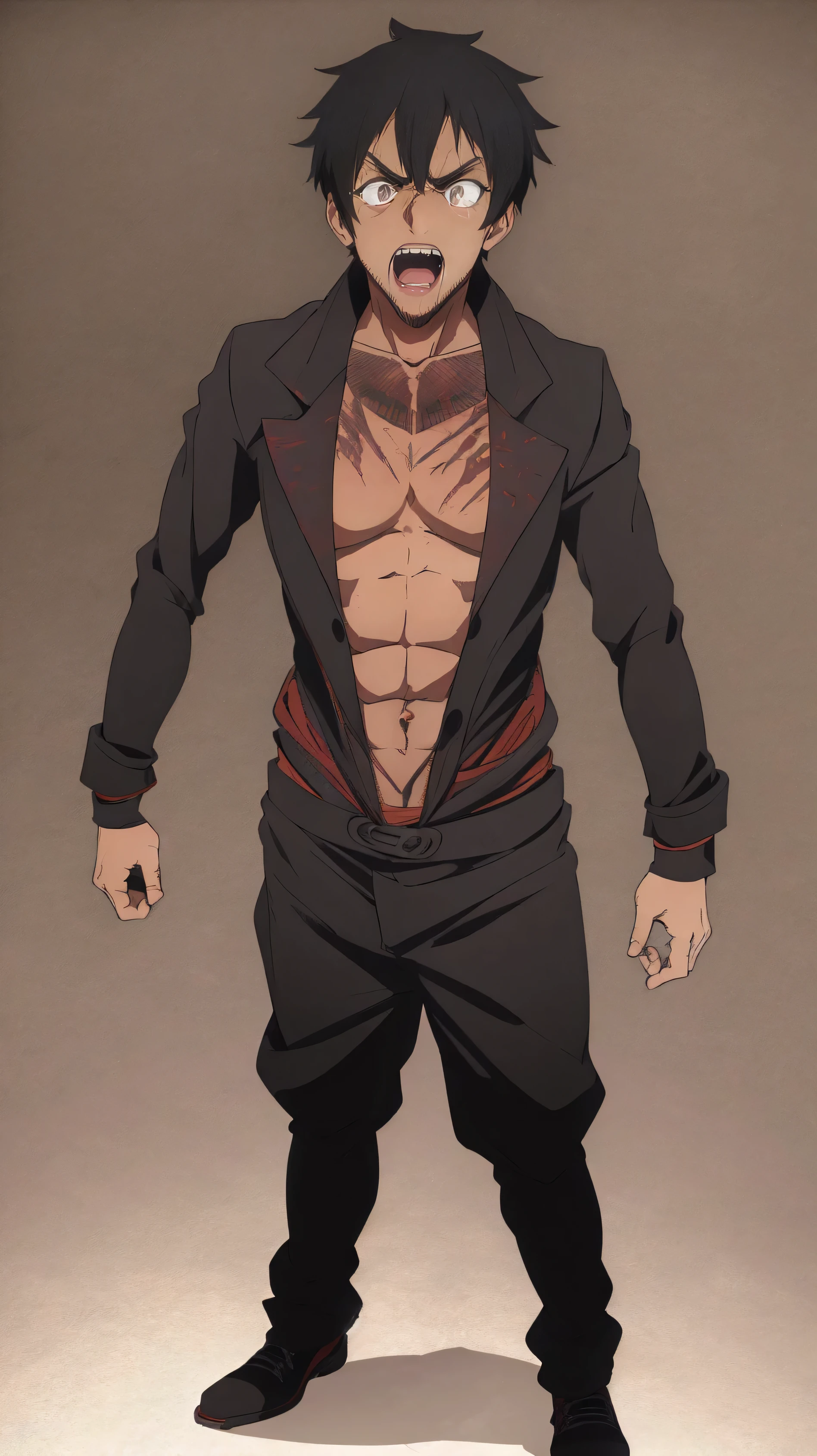 a scared and terrified man, anime style, extremely detailed face and eyes, sharp focus, detailed facial expressions, trembling, standing, full body view