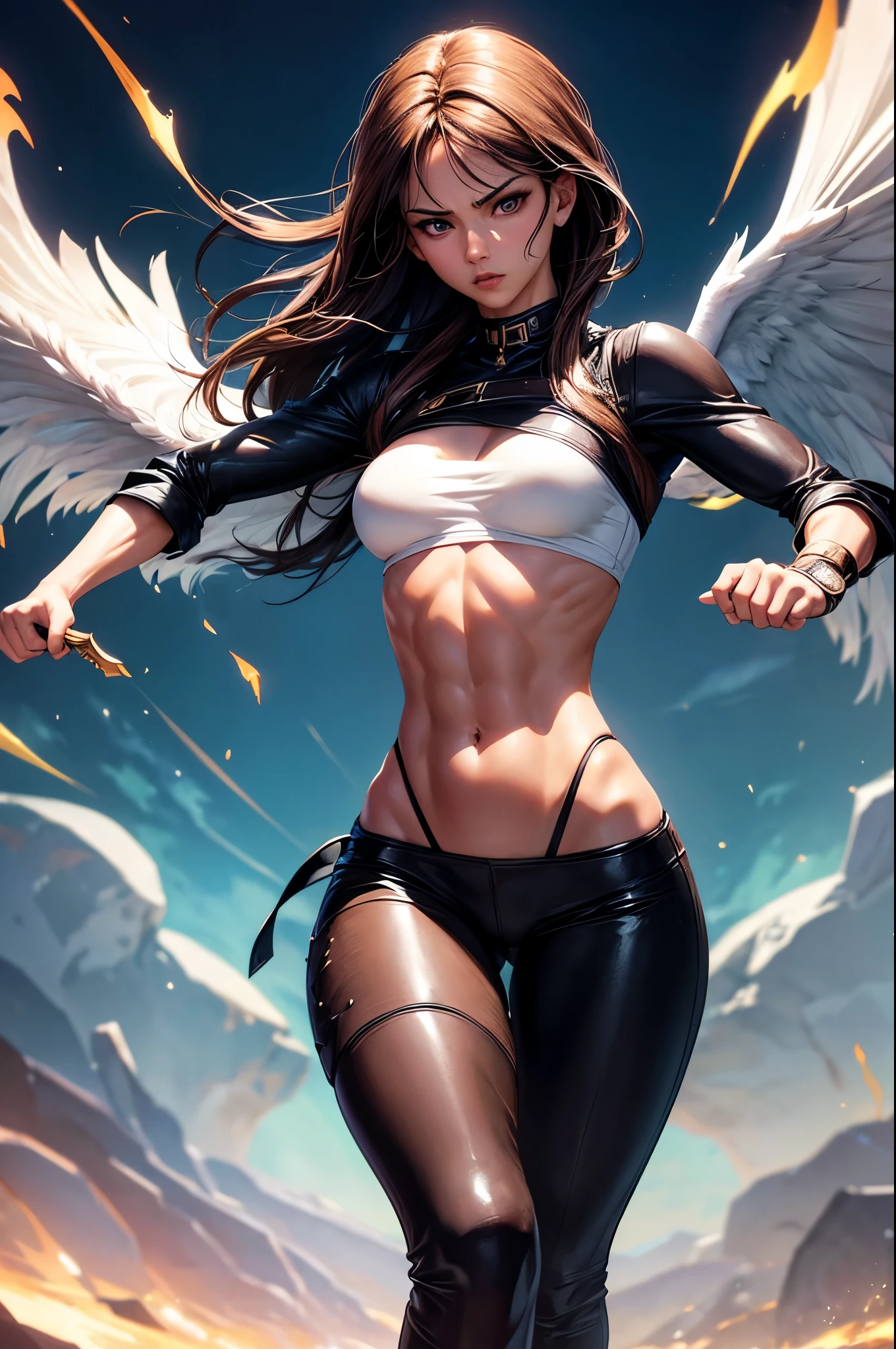 8k,Brown-haired ethnic female demon slayer,Super Beauty(Like the real thing),Sexy Demon Slayer Costumes,Toned Up, Muscular body,Perfect Anatomy,charm,Volume measurement,Body balance,Digital single-lens reflex camera, Soft lighting, Detailed Background, Written boundary depth, Volumetric lighting, Sharp focus, Realistic proportions, Excellent anatomy, (Realistic, 超Realistic:1.4), dawn,Ultra-high resolution,super beautiful expression,Fantasy art,Character Art,Wind effects:1.9、Cloud Effect:1.2、Full Rendering、Professional quality high resolution、Perfect contrast、Perfect lighting、Perfect composition、Perfect Fingers、Perfect breasts、Perfect Hair、Perfect Face、Realistic facial features,Highest quality,Slim figure,Perfect body line,Perfect hand shape,Anatomical Body Balance,Highly detailed face,Highly detailed eyes,Beautiful Lips,Excellent light particles,Cinema Lighting,compensate,Ultra-Realistic Skin,Muscle Body,Hard and strong abdominal muscles,Combat trousers,Battle Costume,Angry expression,Ready for battle,Releases energy,Black leather coat,Muscular Beauty,Dynamic fighting pose,Uplifting,