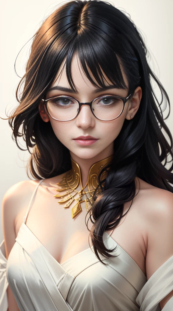 A captivating watercolor painting of a stylish woman wearing red glasses and a fringe, exuding confidence as she looks away with an intense gaze. The abstract and minimalist approach creates a dreamy and ethereal quality, with delicate strands of hair framing her face. She holds a glass of golden wine, and the artist's watermark, XAHEER, signifies their distinctive style and mastery. The white background highlights the intricate details of the portrait, achieving a harmonious balance between the subject and the surrounding space. This artwork is a remarkable fusion of illustration, fashion, and cinematic elements., fashion, painting, cinematic, illustration
