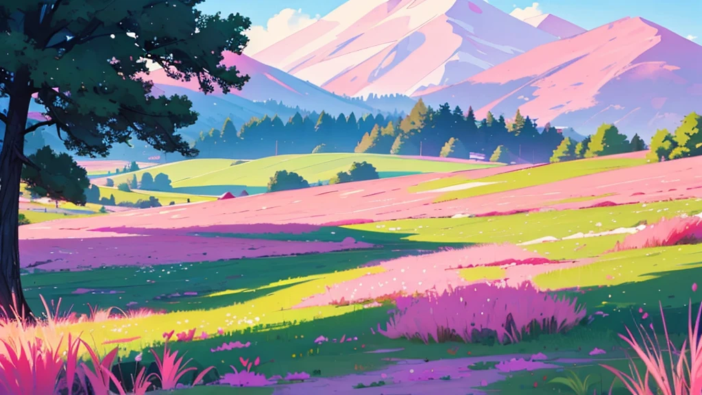 Purple cows walk through a clearing