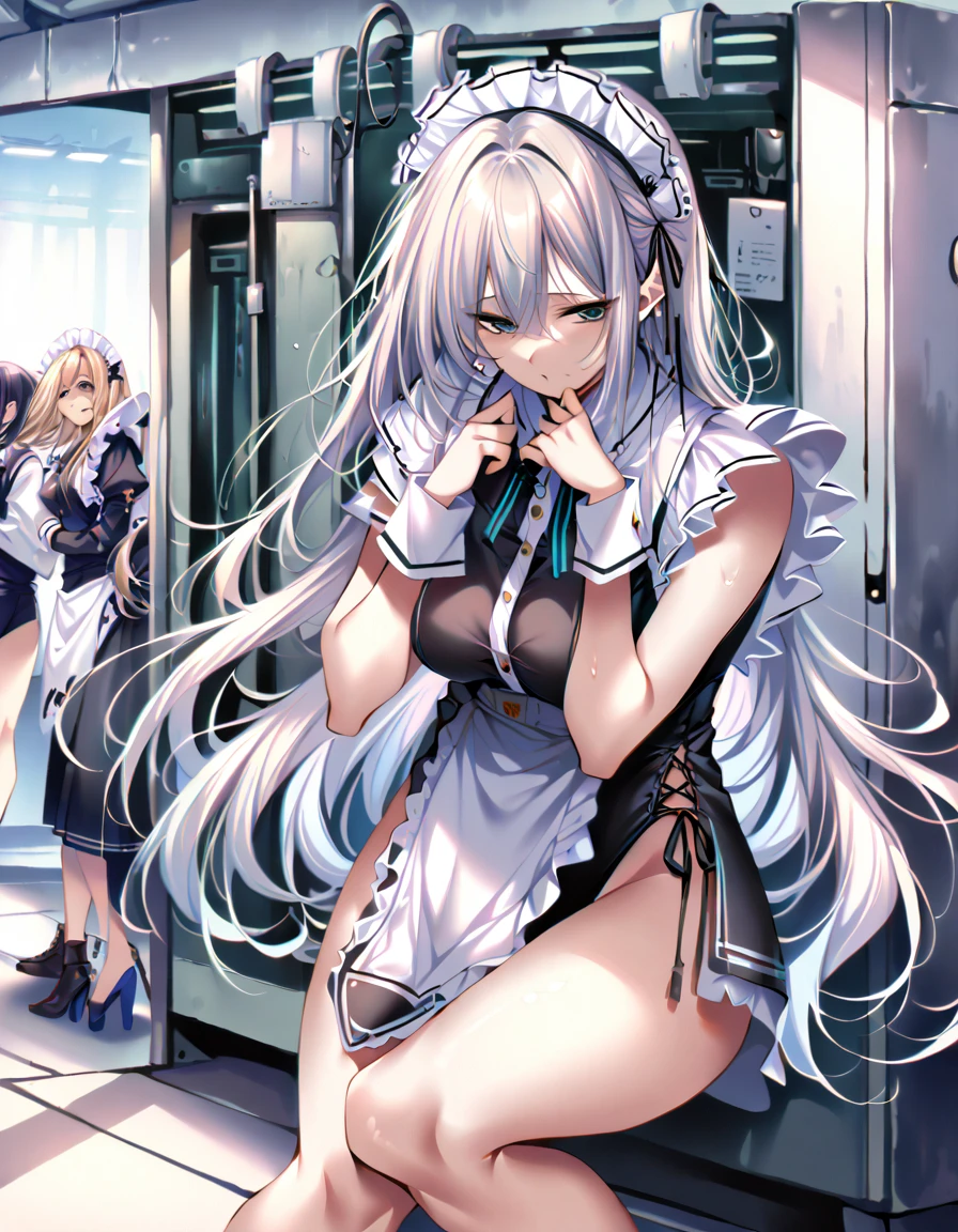 12k,(Perfect Anatomy:1.2, Highest quality),(Maid leotard details:2.0),(Four Girls:1.2),,Long Hair:1.5, (Short sleeve, Thighs,Maid Cufflinks),,(High heel lace-up boots:1.4), (Without skirt:3.0),Dark aura,Leotrad,,Audience Recruitment,(at a research facility:1.2),(whole body:1.4),Fighting Pose,