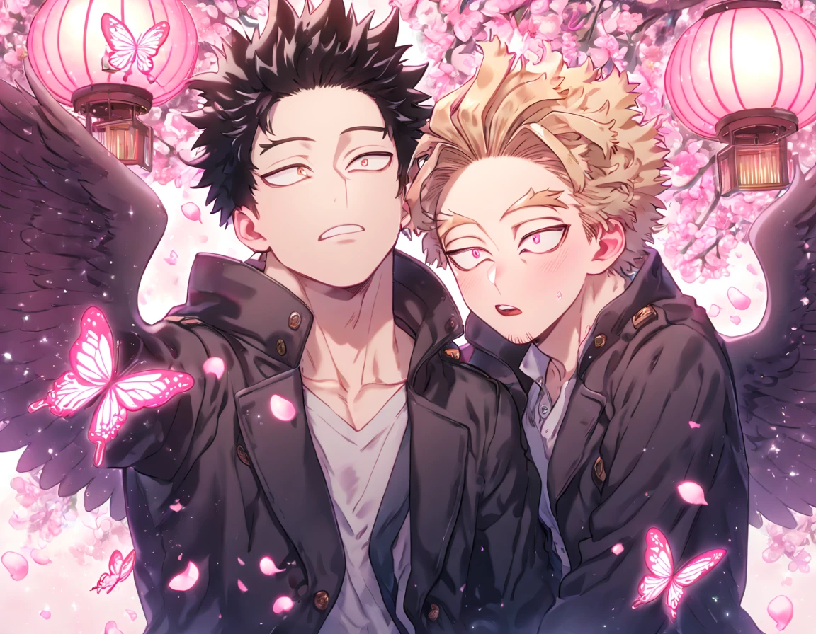absurd resolution, high resolution, ultra detailed, detailed eyes, delicated features, extremely detailed, HDR, 8K, Hawks, ash-blonde hair, expressive golden eyes, Boku No Hero Academia, Megumi, black hair, messy hair, expressive red eyes, two sexy men together, yaoi, gay couple, handsome, brown coat with fur, black coat, fantasy, cool, magical, pink glittering butterflies, pink dust flying around, pink flowers, pink petals, pink lanterns, pink blossoms