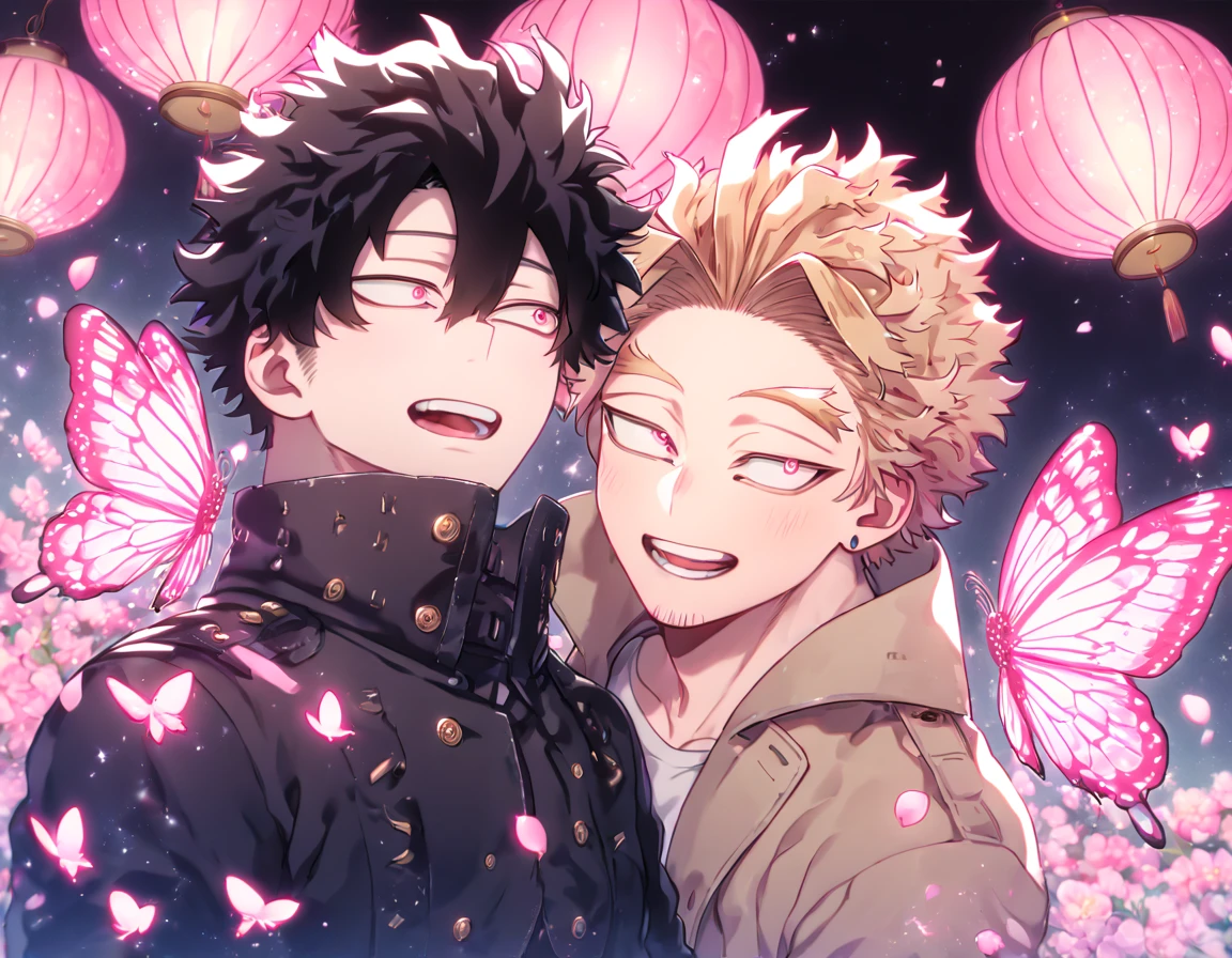 absurd resolution, high resolution, ultra detailed, detailed eyes, delicated features, extremely detailed, HDR, 8K, Hawks, ash-blonde hair, expressive golden eyes, Boku No Hero Academia, Megumi, black hair, messy hair, expressive red eyes, two sexy men together, yaoi, gay couple, handsome, brown coat with fur, black coat, fantasy, cool, magical, pink glittering butterflies, pink dust flying around, pink flowers, pink petals, pink lanterns, pink blossoms