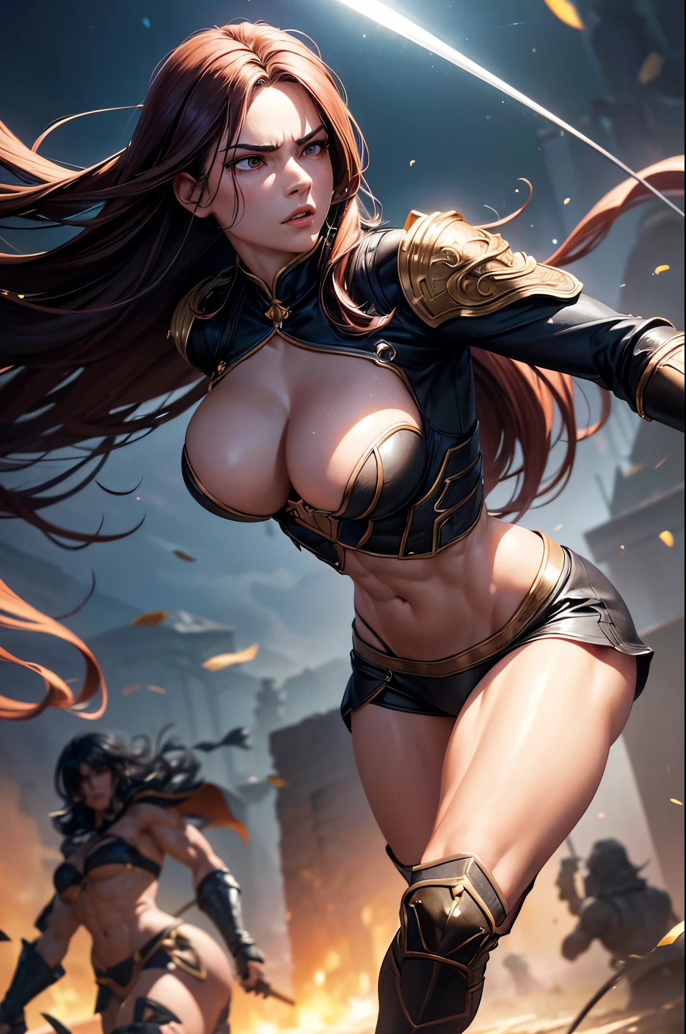 8k,Brown-haired ethnic female demon slayer,Super Beauty(Like the real thing),Sexy Demon Slayer Costumes,Toned Up, Muscular body,Perfect Anatomy,charm,Volume measurement,Body balance,Digital single-lens reflex camera, Soft lighting, Detailed Background, Written boundary depth, Volumetric lighting, Sharp focus,  Realistic proportions, Excellent anatomy, (Realistic, 超Realistic:1.4),  dawn,Ultra-high resolution,super beautiful expression,Fantasy art,Character Art,Wind effects:1.9、Cloud Effect:1.2、Full Rendering、Professional quality high resolution、Perfect contrast、Perfect lighting、Perfect composition、Perfect Fingers、Perfect breasts、Perfect Hair、Perfect Face、Realistic facial features,Highest quality,Slim figure,Perfect body line,Perfect hand shape,Anatomical Body Balance,Highly detailed face,Highly detailed eyes,Beautiful Lips,Excellent light particles,Cinema Lighting,compensate,Ultra-Realistic Skin,Muscle Body,Hard and strong abdominal muscles,Combat trousers,Battle Costume,Angry expression,Ready for battle,Releases energy,Black leather coat,Muscular Beauty,Dynamic fighting pose,Uplifting,