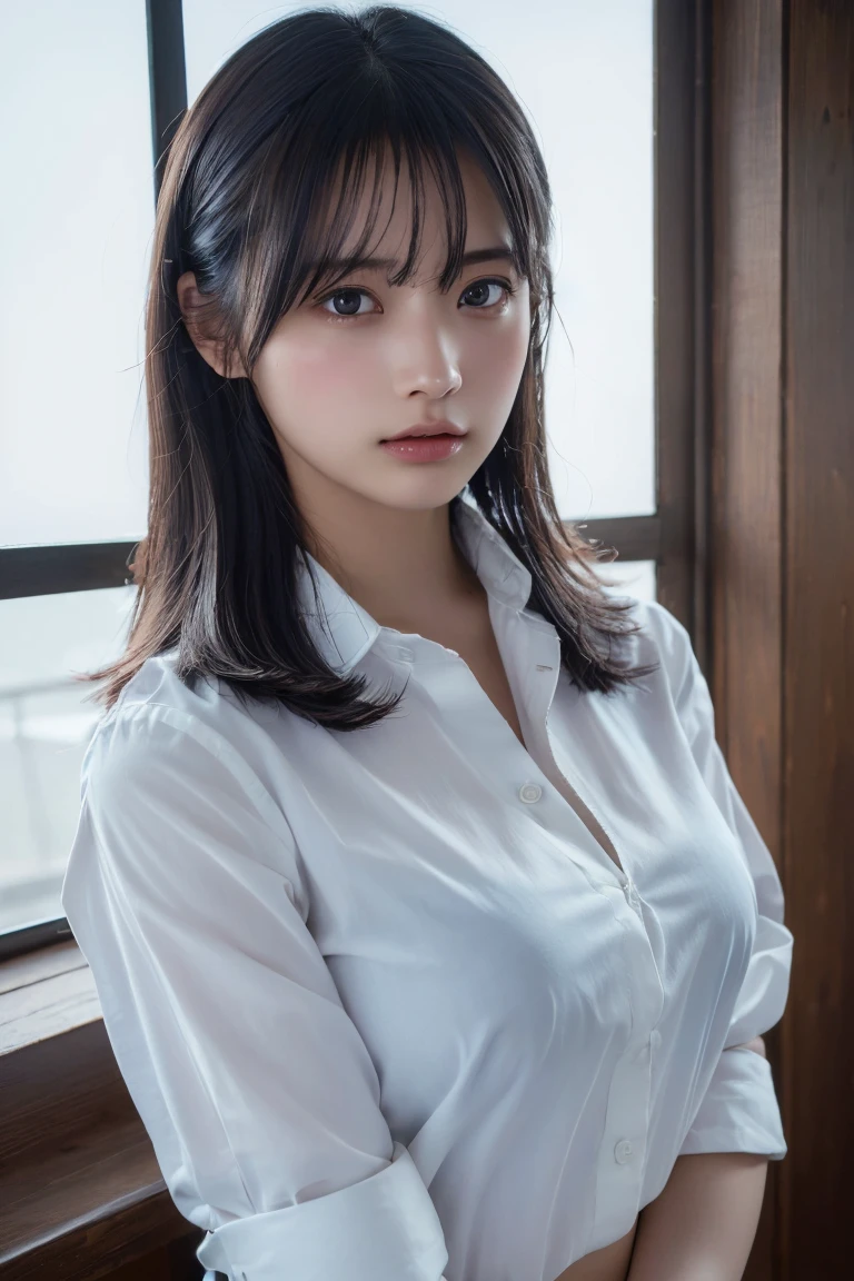 (Highest quality:1.4),(masterpiece:1.4),(Realistic:1.4),(Realistic:1.2),(超High resolution, RAW Photos:1.4),(High resolution, Very detailed:1.2),(8k:1.2),photograph,a photo of a dark-haired,Long Hair,One Girl,alone,(White shirt),Big Breasts,((Upper Body:1.3))