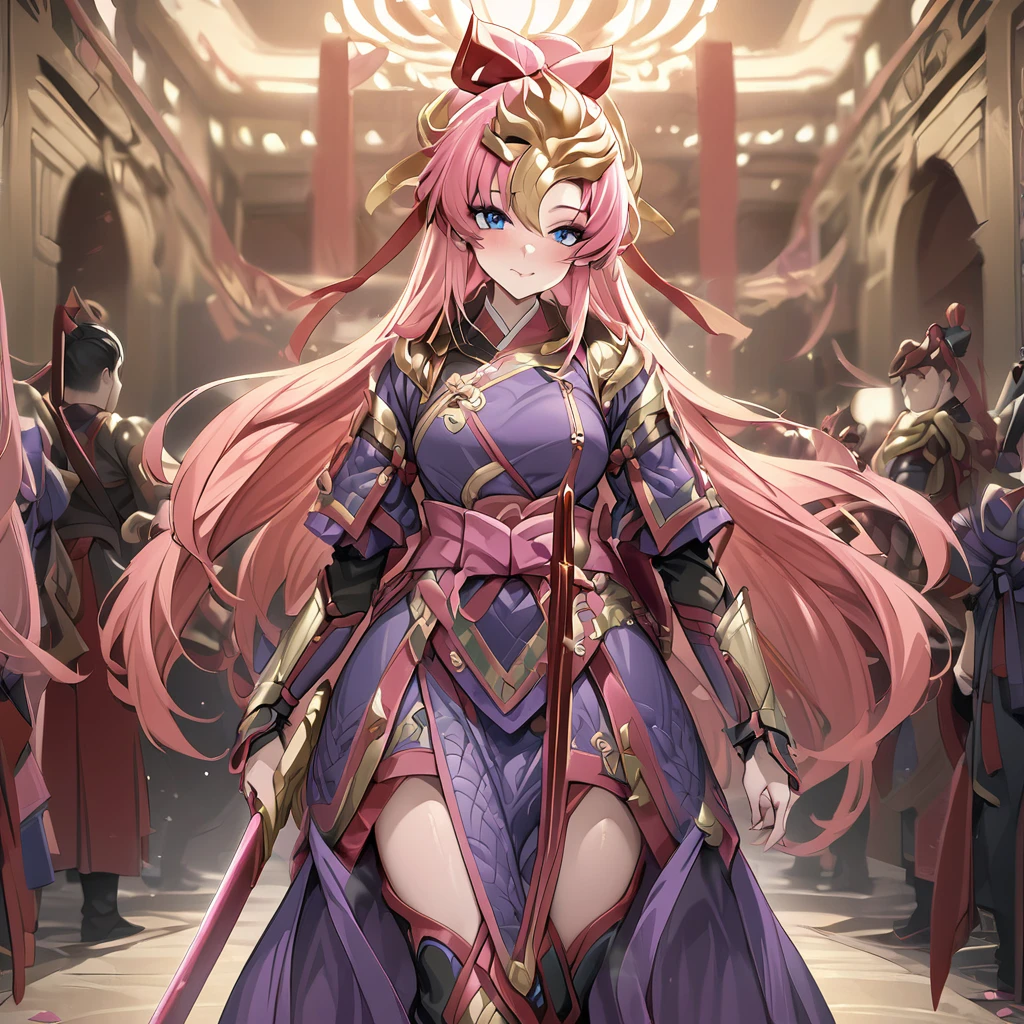((Highest quality)), ((masterpiece)), (detailed), （Perfect Face）、The female ancient Chinese warrior is Lacus Clyne, with blue eyes, pink semi-long hair, and is wearing luxurious ancient Chinese warrior equipment, a sword, and a luxurious headdress.、A beautiful female warrior who served the emperor faithfully in the palace of ancient China、Women respect and obey the emperor.
