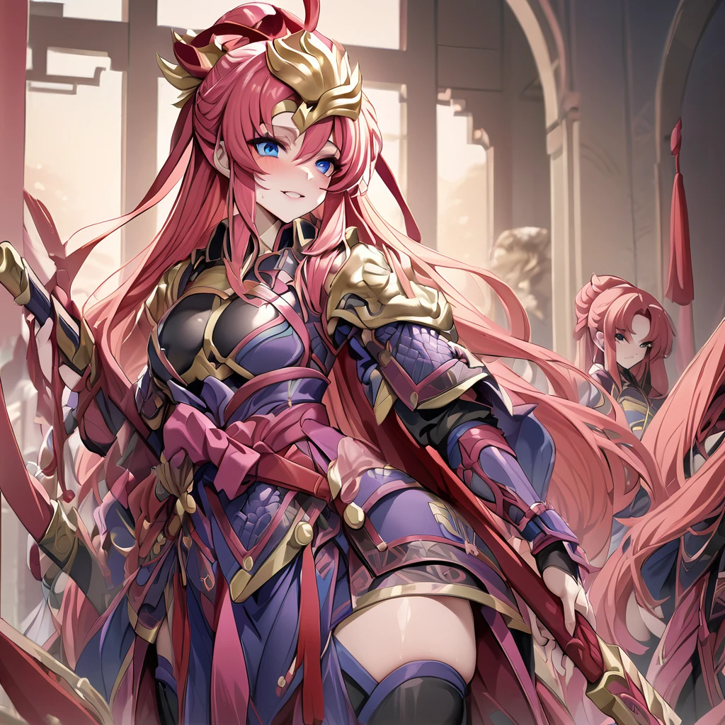 ((Highest quality)), ((masterpiece)), (detailed), （Perfect Face）、The female ancient Chinese warrior is Lacus Clyne, with blue eyes, pink semi-long hair, and is wearing luxurious ancient Chinese warrior equipment, a sword, and a luxurious headdress.、A beautiful female warrior who served the emperor faithfully in the palace of ancient China、Women respect and obey the emperor.