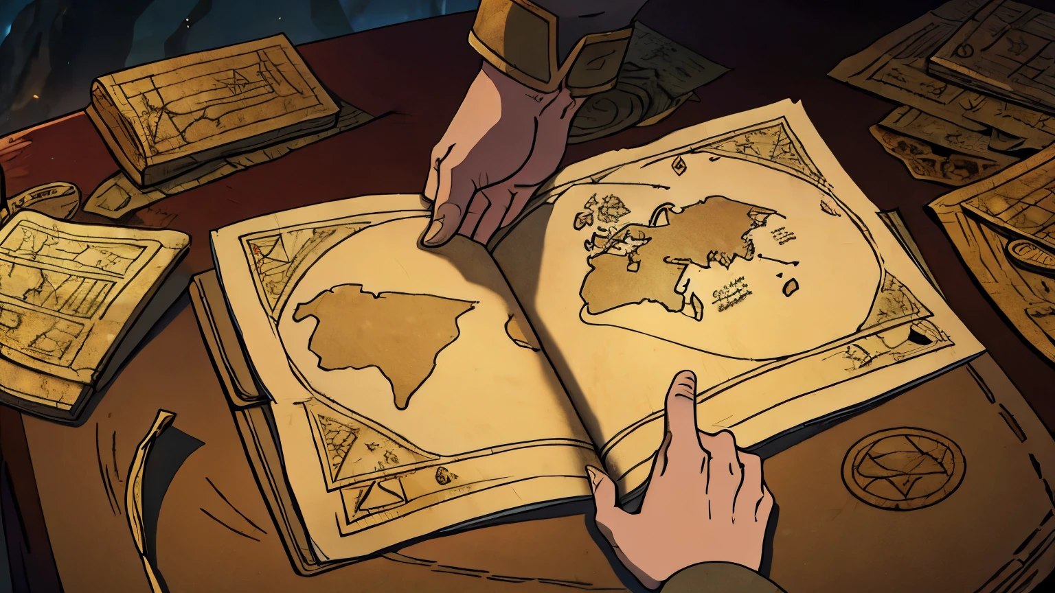 Close-up of an ancient map on a table with a cloaked finger tracing the path. The atmosphere is serious and filled with purpose.