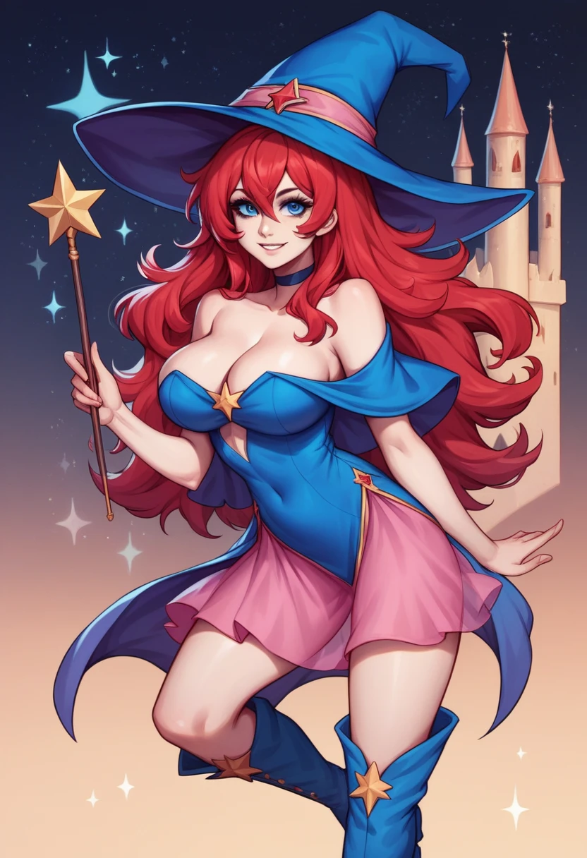 masterpiece, best quality, very aesthetic, absurdres, dynamic shadows, atmosferic, rias_gremory, (1girl), (solo), (red hair), long hair, blue eyes, detailed eyes, hair between eyes, bangs, big breasts, curvy body, makeup, wizard hat, choker, bare shoulders,cleavage,capelet,blue dress,see-through, pink skirt, blue footwear,boots,, smile, (cowboy shot), ((from front)), (wariza), looking at viewer,wand,holding, castle, spooky background