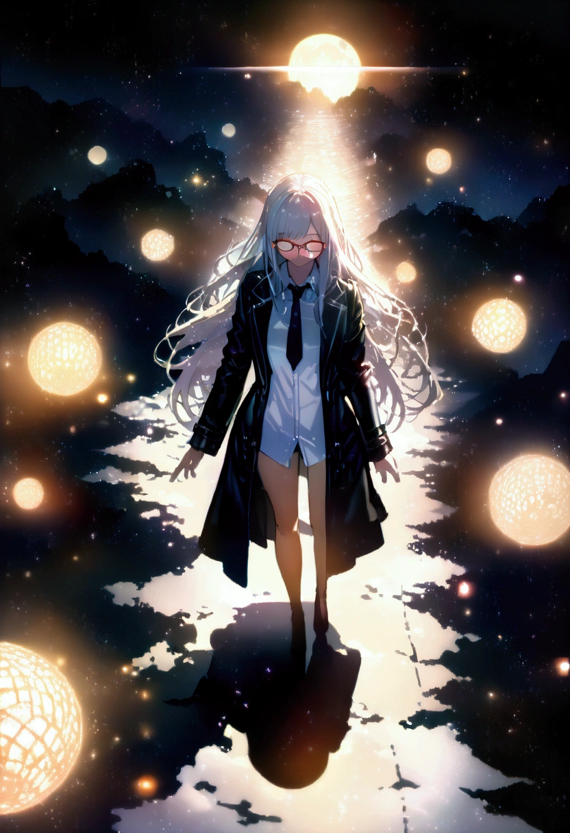 (masterpiece),(best quality), (fantasy:1.4), Surrealism, shadow, Relief, Stereogram, Atmospheric perspective, 8K, Super Detail,A moon, Yellow flowers , Paper_cut,1 Girl, Solitary, (White hair, Long hair), Perfect hairstyle and glasses, (White shirt, Black tie, Black coat, Open coat), (((Glowing light particles))), Dynamic Angle,