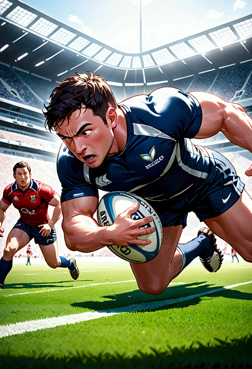 Illustration of a rugby match try scene. Focus on a single rugby player diving over the try line with the ball in hand. Emphasize the player's speed and strength. Capture intense expressions on the player's face, detailed muscle movement, and creases in the uniform. Use lighting to emphasize the focal point and add shadows for depth. Show the grass texture of the field and include goal posts in the distance for context.
