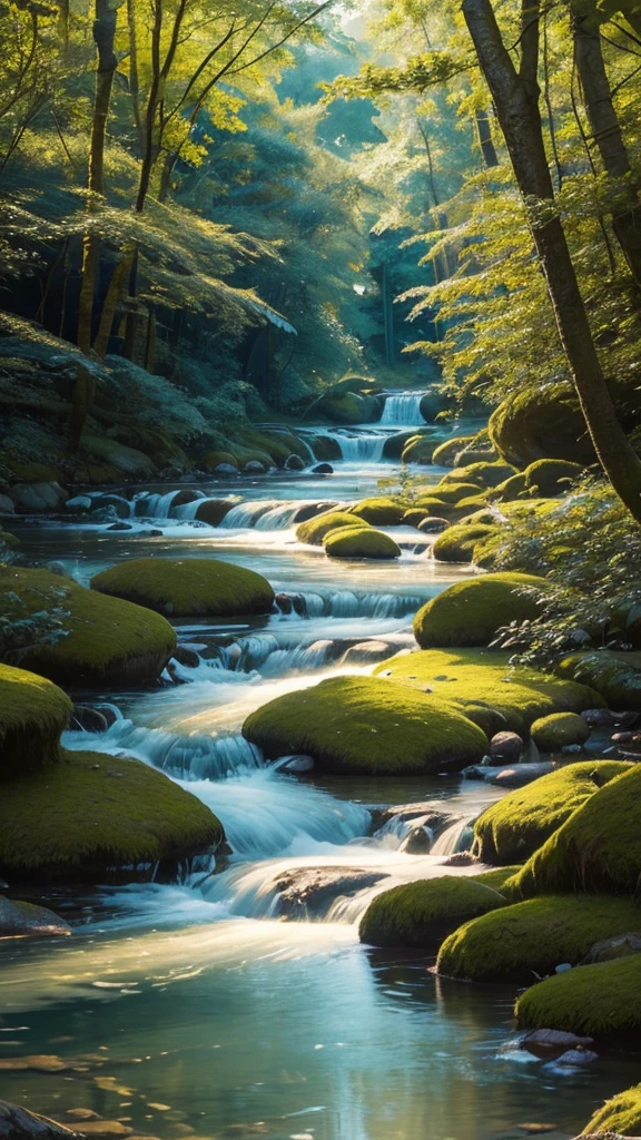A peacefully flowing river, glistening in the warm sunlight as it meanders through a tranquil forest. The water, crystal clear and shimmering with a golden hue, reflects the surrounding lush greenery ((best quality)), ((masterpiece)), (detailed), 1boy, off-shoulder sweater