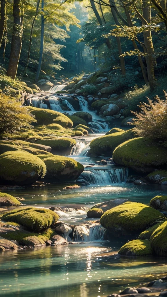 A peacefully flowing river, glistening in the warm sunlight as it meanders through a tranquil forest. The water, crystal clear and shimmering with a golden hue, reflects the surrounding lush greenery ((best quality)), ((masterpiece)), (detailed), 1boy, off-shoulder sweater
