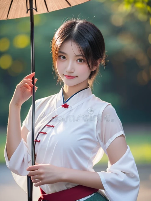20 year old Japanese beauty,Slim and cute、Bulge of lateral breasts、Slit eyes、I can see from head to toe,Bust is very very large、Background is an ancient Chinese court、High quality photos、Clear, crisp images of the lower body、Masterpiece 8k、Smiling、Wearing Taoist clothing、Holding a snake-eye umbrella