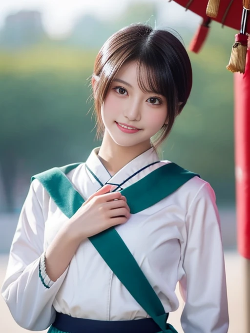 20 year old Japanese beauty，Slim and cute、Bulge of lateral breasts、Slit eyes、I can see from head to toe，Bust is very very large、Background is an ancient Chinese court、High quality photos、Clear, crisp images of the lower body、Masterpiece 8k、Smiling、Wearing Taoist clothing、Holding a snake-eye umbrella