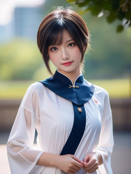20 year old Japanese beauty，Slim and cute、Bulge of lateral breasts、Slit eyes、I can see from head to toe，Bust is very very large、Background is an ancient Chinese court、High quality photos、Clear, crisp images of the lower body、Masterpiece 8k、Smiling、Wearing Taoist clothing、Holding a snake-eye umbrella