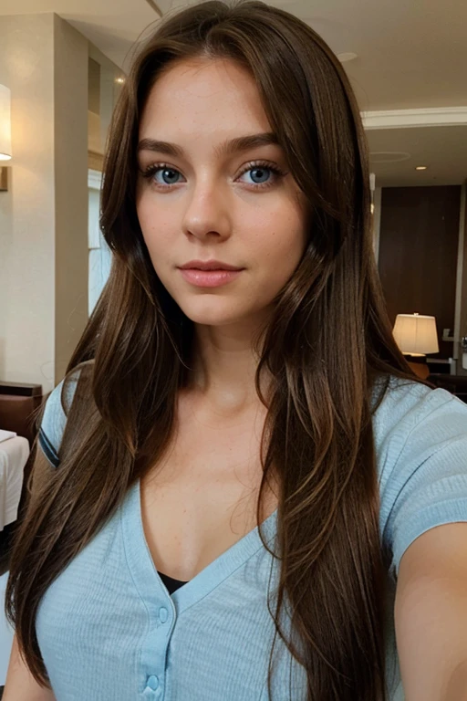 a woman with long light brown hair and blue eyes at the hotel