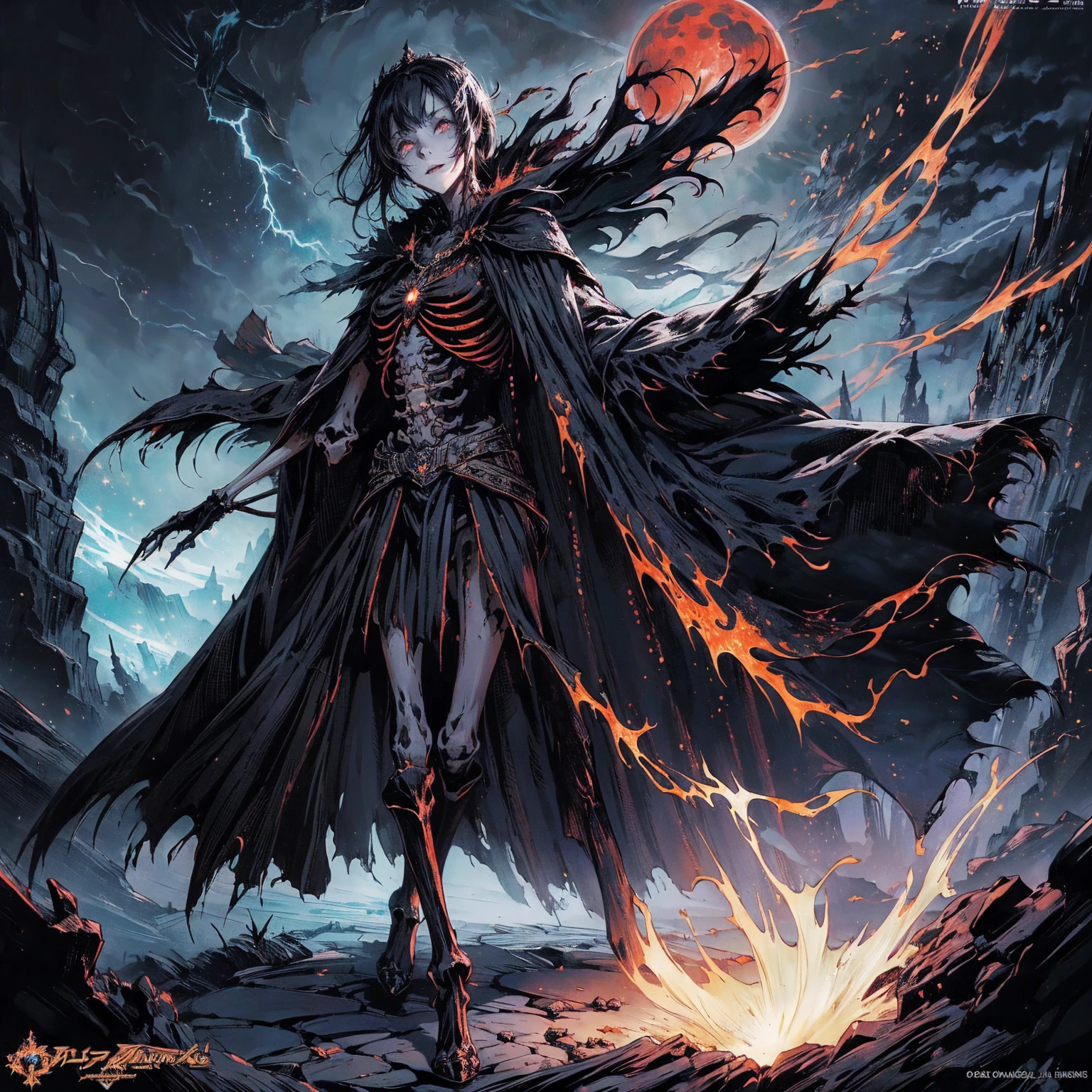 (full body shot:1.5), (Wide-angle lens:1.2), (black hair:1.5), best quality, 4K, high resolution, (masterpiece:1.2), Very detailed, (current:1.37), (Anatomically correct:1.2), Mood lighting, Undead girl in a long cloak, (Torso and limb is skeleton bone but head is still beautiful human face:1.2), Wearing a tattered gothic skirt, A sense of alienation, Dangerous sneer, Smiling and crying, Dark Force (StarWar), Force lightning radiates from fingertips, Facing the camera, Pitch black sky, Blood red moon, strange atmosphere, Gothic style, Unforgettable beauty, Dramatic shadows, Ethereal Light, Mysterious atmosphere, Resurrection from the grave, The Black Magic, Dead, Anime characters with black hair, Detailed cover design, Anime epic artwork, detailed key anime art, Be focused, dark fantasy artwork, Anime Fantasy Artwork, Official artwork with high detail, Dark Witch Panorama, Lich Vecna (d&d)