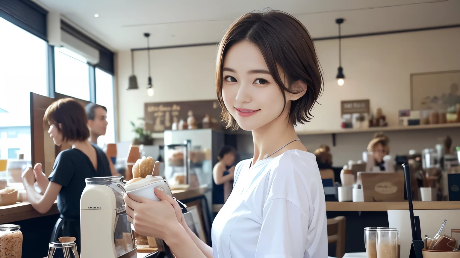 super high quality, Fashion Model, smile, Slenderのネックレス, Slender, The staff is working at the counter in the back., (8k、RAW Photos、Highest quality、masterpiece:1.2), (Realistic、Photorealistic:1.37), Beautiful Face , Urban Cafe, Golden Ratio, Raw photo, Light Brown Hair, Small breasts, Bright cafe interior, Blurred Background, Summer clothes, Cafe Terrace, Open Cafe, Photographed inside the cafe, Hair blowing in the wind, Neat clothes, T-Shirts, Very Short Hair, 18-year-old, Cool older sister, beautiful girl,