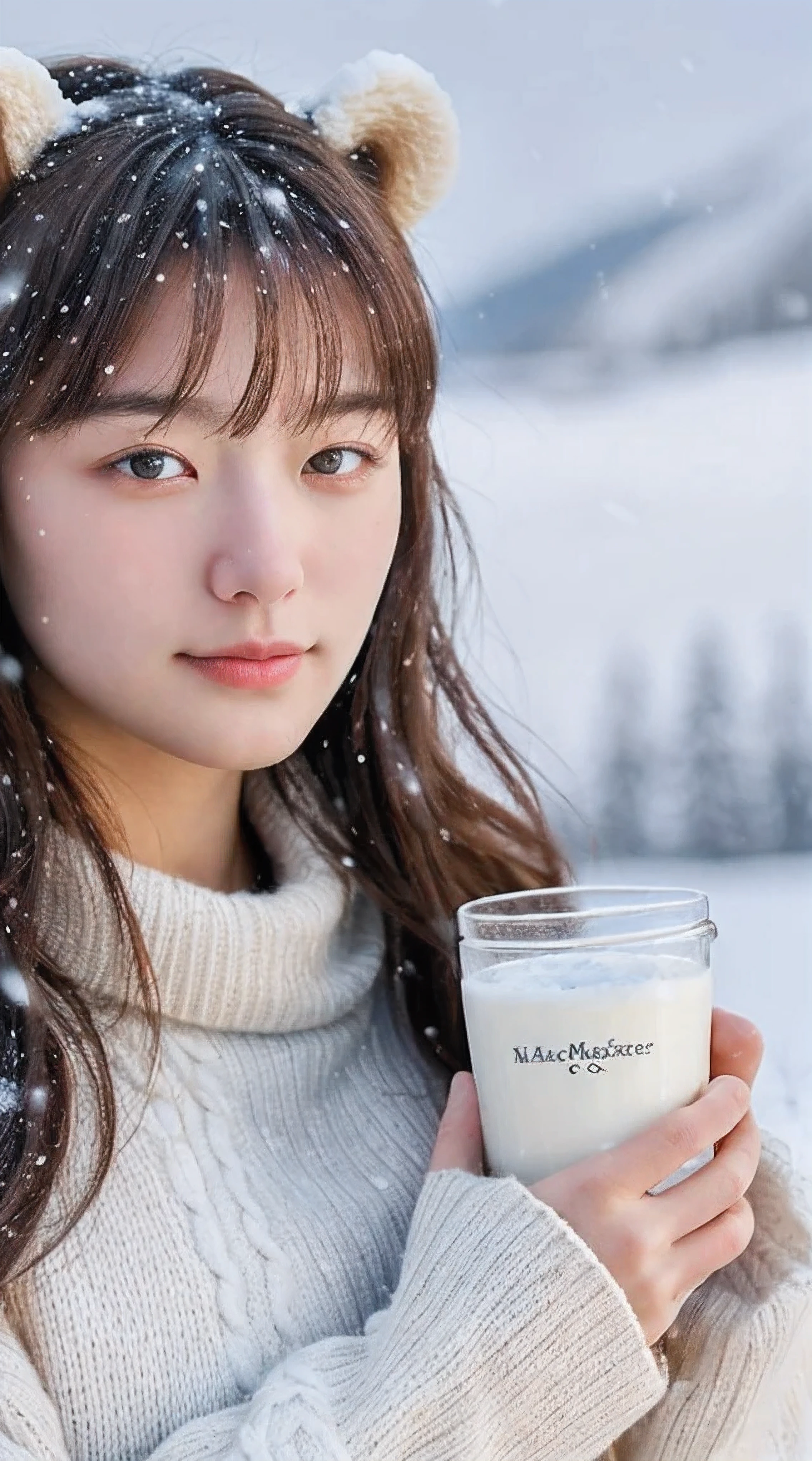 (masterpiece:1.35),(best-quality:1.4),8k,ultra-detailed,photography,(ultra-realistic:1.4), adult girl, long hair, sweater, snowing background, while holding BEAR BRAND milk