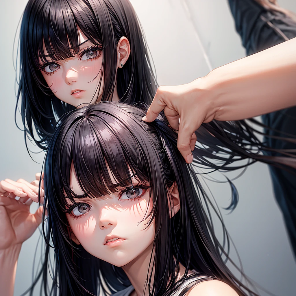 A black haired with bangs cute lady being grumpy 