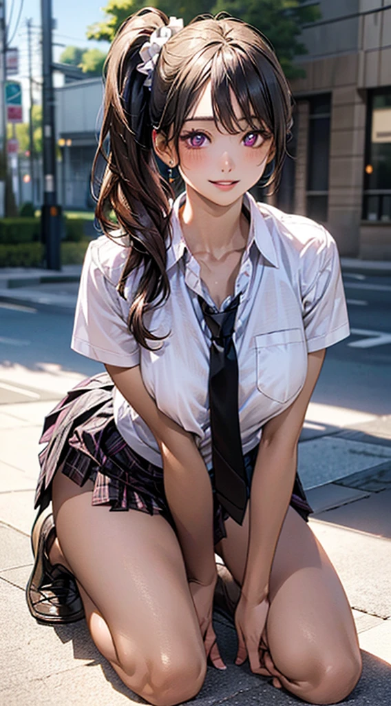 (masterpiece:1.2, top-quality), ultra high res, ultra detailed, (realistic, photorealistic:1.4), beautiful illustration, perfect lighting, colorful, depth of fields, 
looking at viewer, full body, front view:0.6, 1 girl, solo, japanese, high school girl, gyaru, (large breasts:1.3, large ass, seductive thighs, skindentation),
(long hair:1.5, side ponytail), light brunette hair, asymmetrical bangs, purple eyes, parted lips, (very tanned shiny skin), 
beautiful hair, beautiful face, extremely detailed face, beautiful detailed eyes, beautiful clavicle, beautiful body, beautiful chest, beautiful thigh, beautiful legs, beautiful fingers, 
(beautiful scenery), daytime, outdoor,
((collared short sleeve shirt, white shirt, , pink plaid pleated skirt, black tie)), white panties, polka dot hair scrunchie, 
(kneeling, sexy pose), (seductive-smile), shirt button off