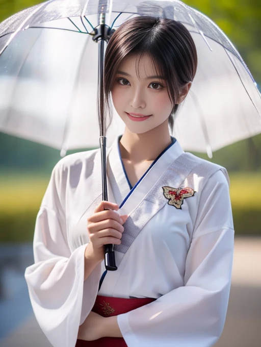 20 year old Japanese beauty，Slim and cute、Bulge of lateral breasts、Slit eyes、I can see from head to toe，Bust is very very large、Background is an ancient Chinese court、High quality photos、Clear, crisp images of the lower body、Masterpiece 8k、Smiling、Wearing Taoist clothing、Holding a snake-eye umbrella