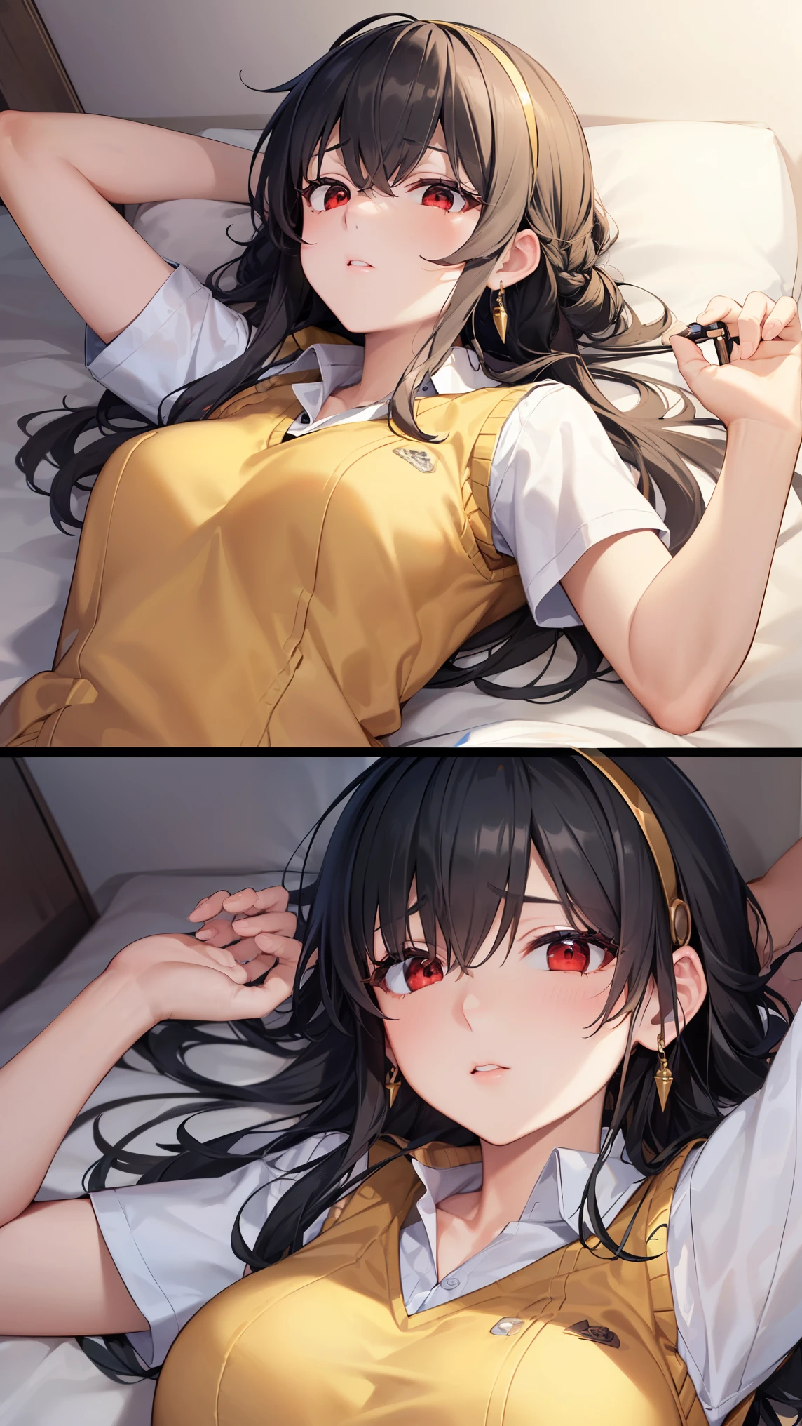 Ajof, side locks, golden hairband, hair adornments, ((Red eyes:1.5)), gold earring, Large breasts,((black hair:1.5)), BREAK (otonokizaka , pleated skirt, , short sleeves, skirt, summer uniform, sweater vest, yellow sweater vest:1.5), BREAK indoor, bedroom, dynamic angle, busty, perfect body, armpit, ((fall asleep on the bed, supine, sleepy, closed eyes, laying on bed, sleeping pose)),
BREAK (masterpiece:1.2), best quality, high resolution, unity 8k wallpaper, (illustration:0.8), (beautiful detailed eyes:1.6), extremely detailed face, perfect lighting, extremely detailed CG, (perfect hands, perfect anatomy),