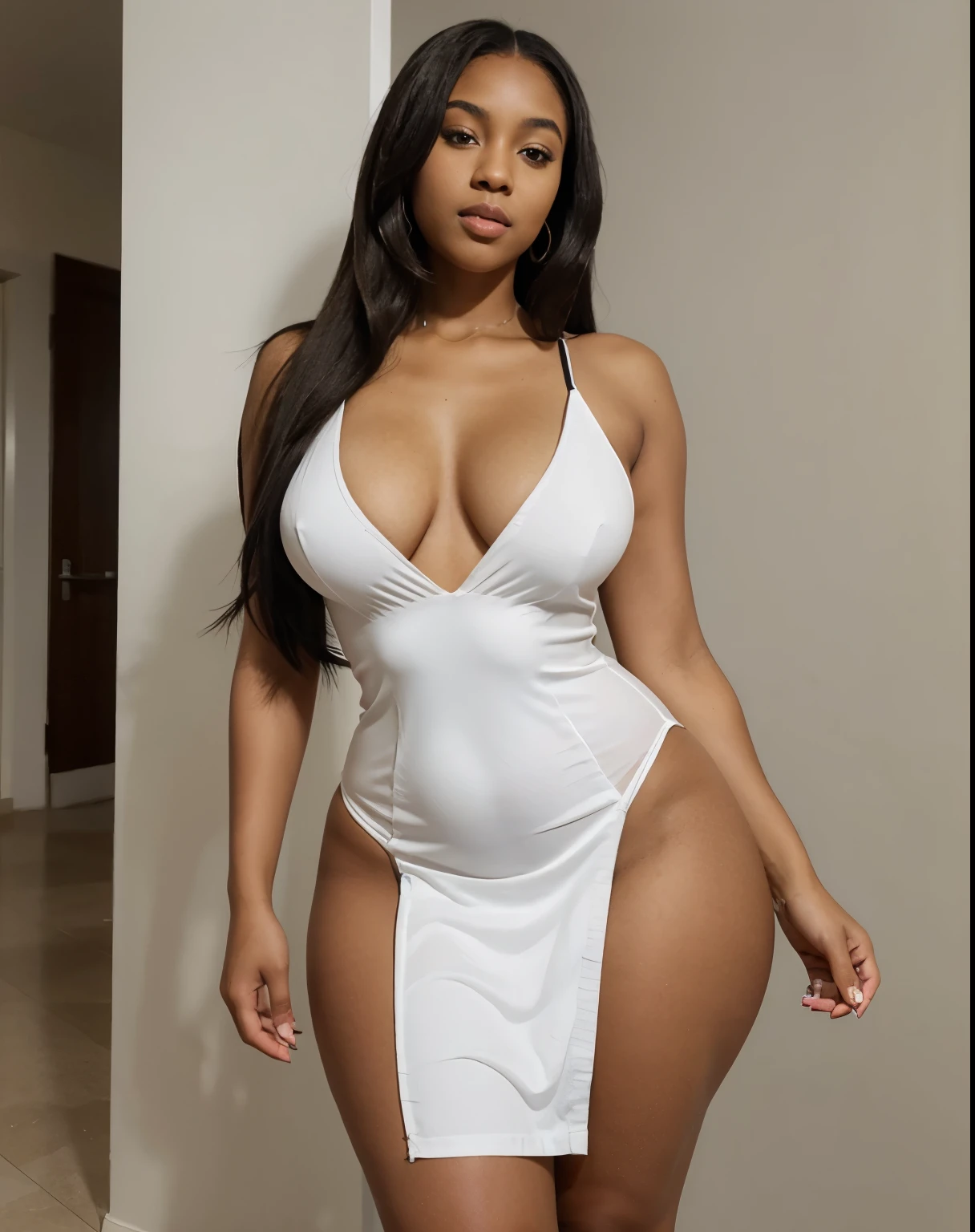 Mixed black ethnicity, curvy girl, long straight hair, sexy white dress, revealing dress, sexy pose, big hips, small waist
