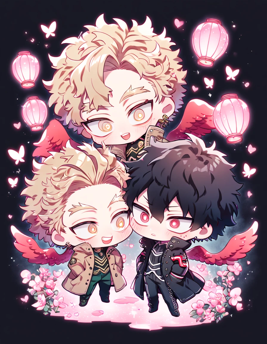 absurd resolution, high resolution, ultra detailed, detailed eyes, delicated features, extremely detailed, HDR, 8K, Hawks chibi, ash-blonde hair, expressive golden eyes, Boku No Hero Academia, Megumi chibi, black hair, messy hair, expressive red eyes, two boys together, yaoi, gay couple, cute, brown coat with fur, black coat, red wings, fantasy, cool, magical, pink glittering butterflies, pink dust flying around, pink flowers, pink petals, pink lanterns, pink blossoms