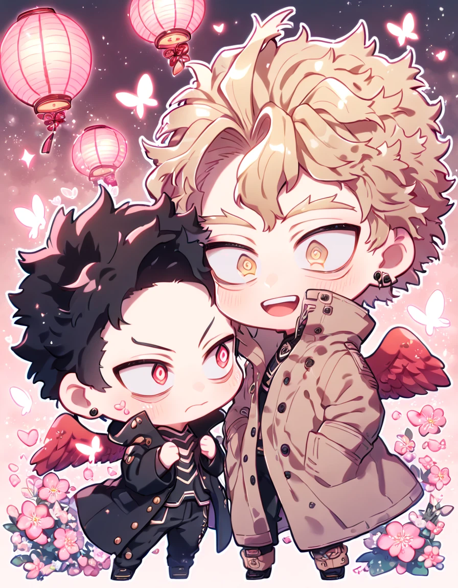 absurd resolution, high resolution, ultra detailed, detailed eyes, delicated features, extremely detailed, HDR, 8K, Hawks chibi, ash-blonde hair, expressive golden eyes, Boku No Hero Academia, Megumi chibi, black hair, messy hair, expressive red eyes, two boys together, yaoi, gay couple, cute, brown coat with fur, black coat, red wings, fantasy, cool, magical, pink glittering butterflies, pink dust flying around, pink flowers, pink petals, pink lanterns, pink blossoms