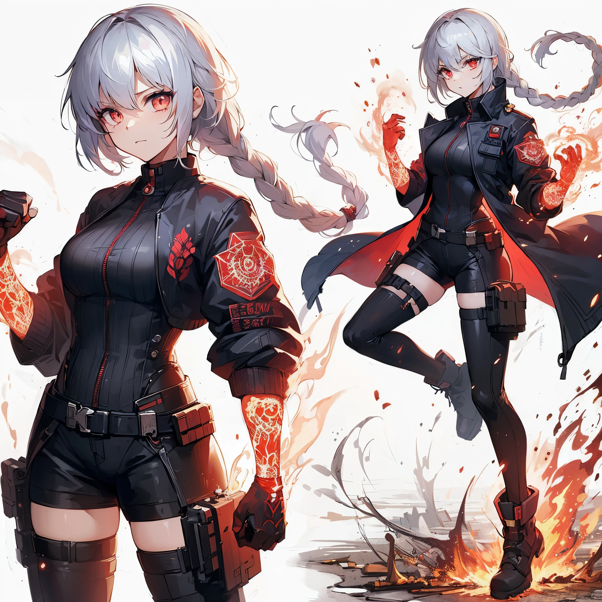 (masterpiece, Best Quality), (detailed hairs), Ultra-detailed, anime like illustration style, Full body, whole body, solo, front view cute sci-fi agent lady, white hair single braided, tanned skin and red pupils, red spell tattoos on both arms, wearing cyber aristocrat jacket and stylish agent suit, wears long boots, ultra-massive, muscular, folded arms, fighting pose, KICK BOXER, white background, full body standing, supernatural fire, flame aura, she stands on wasted earth.